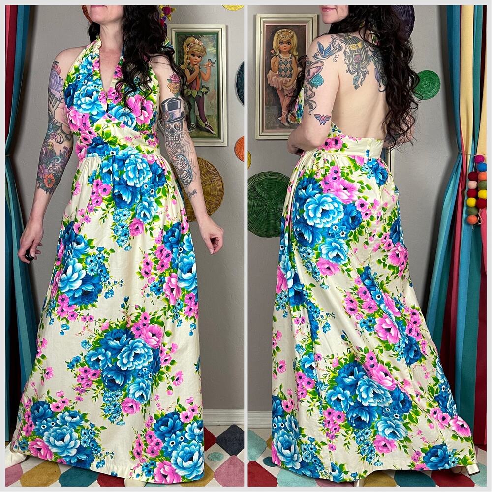 Vintage 1970s Pink and Blue Floral Cotton Open Back Halter Maxi Dress - Picture 4 of 8